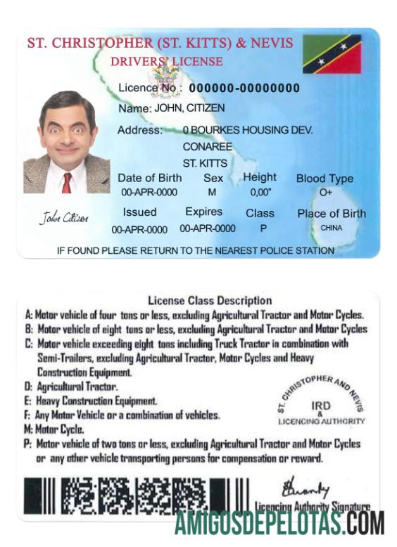 Carteira de motorista de São Cristóvão e Nevis exemplo